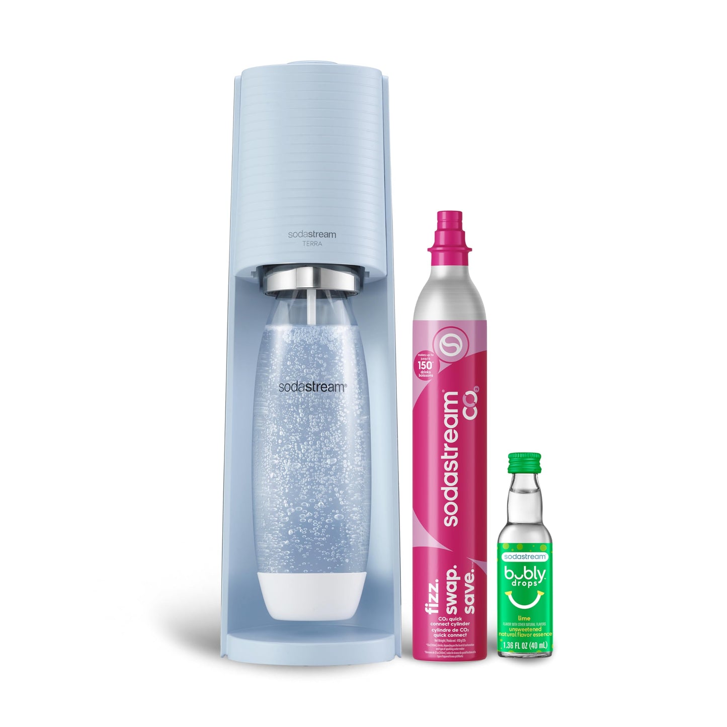 SodaStream Terra Sparkling Water Maker (Blue) with CO2 Cylinder, 1L Dishwasher Safe Bottle & Bubly Drink Sodastream