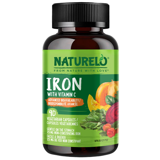 NATURELO Vegan Iron Supplement with Vitamin C and Organic Whole Foods, 90 Capsules, Gentle Iron Capsules for Women & Men with this Mineral Deficiency - Including Pregnancy, Anemia and Vegan Diets - Available at All In One Marketplace Canada
