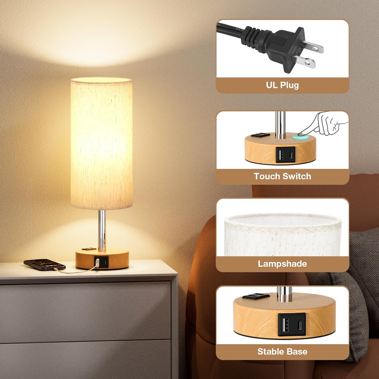 Table Lamp for Bedroom Set of 2 - Touch 3 Way Dimmable Bedside Lamps with USB C and A Ports, Night Lamp for Nightstand with AC Outlet, Desk Lamps for Living Room, Reading Room, Kids Room, Office - Available at All In One Marketplace Canada