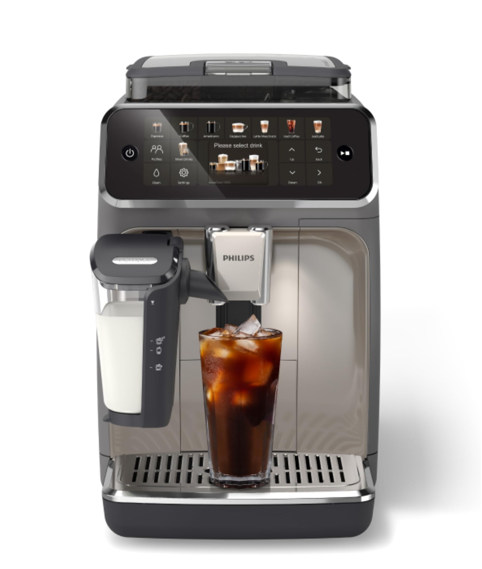 PHILIPS 5500 Series Fully Automatic Espresso Machine, LatteGo Milk System, Integrated Grinder, 20 Hot & Iced Coffee Pre-Sets, Quick Start, SilentBrew, 15-Bar Pressure, Grey Chromed (EP5544/90) PHILIPS