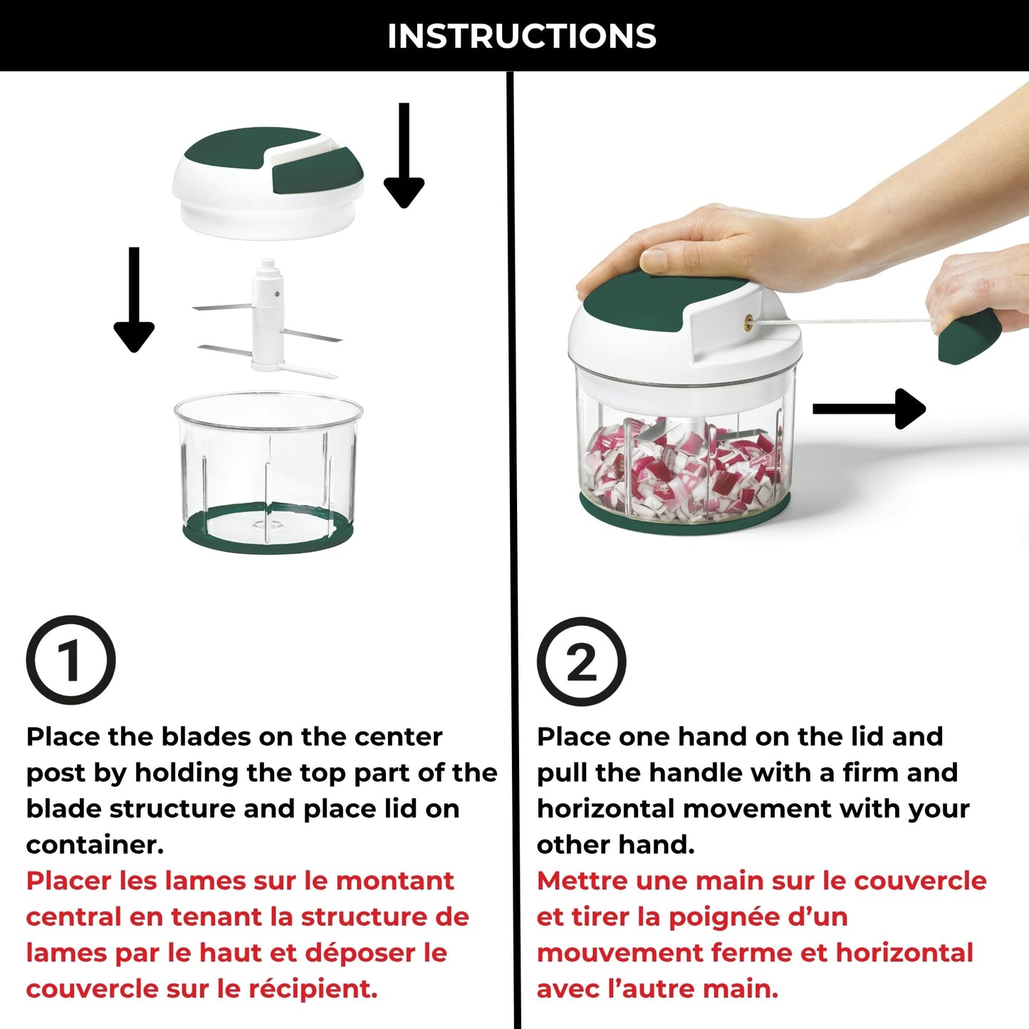 Starfrit Pull Chopper, Multi Purpose Manual Food Processor, 3 Blade System for a Faster Cut, From Large Chunks to Purée, Self-Retracting Cord, Fruits, Vegetables, Meats and Crushes Ice - Available at All In One Marketplace Canada
