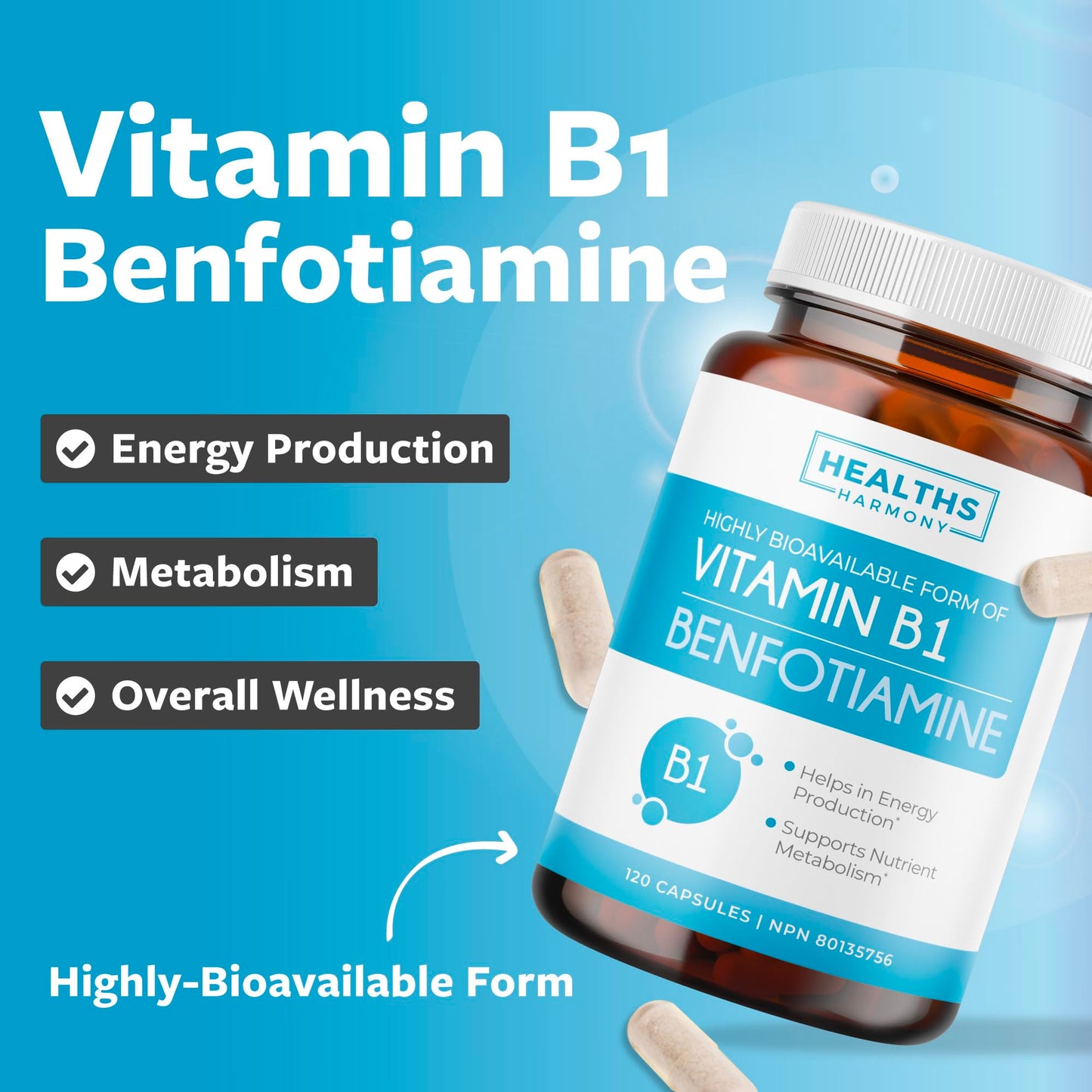 Vitamin B1 Benfotiamine 100mg - High Absorption Energy & Metabolism Support - Highly Bioavailable Thiamine B1 Supplement to Support Energy Production & Metabolism - Made in Canada, Non-GMO - 120 Ct - Available at All In One Marketplace Canada