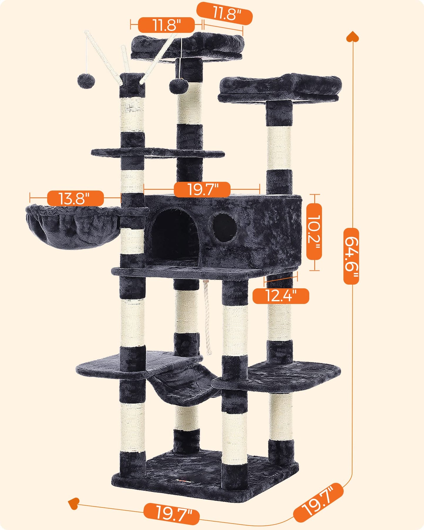 FEANDREA Cat Tree, Large Cat Tower, 64.6 Inches Cat Activity Center Feandrea