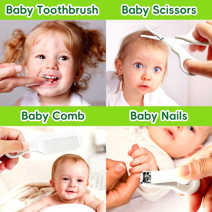 Baby Grooming Kit - 19 in 1 Nursery Essentials Baby Registry Shower Gift for Newborns, Infants, Toddlers, Boys, Girls Kids-Safety Baby Comb, Brush, Finger Toothbrush, Nail Clippers, Scissors(Grey White)
