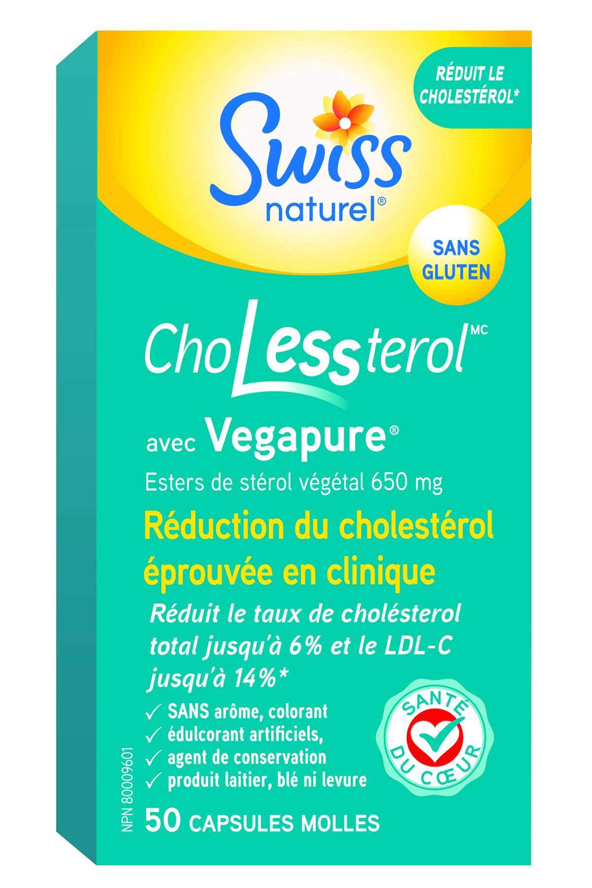 Swiss Natural ChoLessterol with Vegapure | Clinically Proven to Lower LDL Cholesterol & Improves Heart Health | Plant Sterol Esters | 50 Soft Gel Capsules | 650 mg - Available at All In One Marketplace Canada