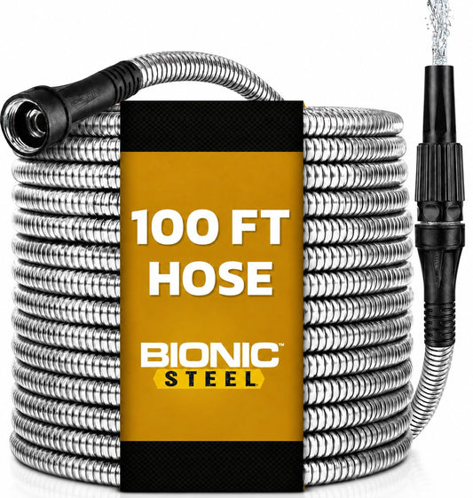 Bionic Steel Metal Garden Hose 100ft, Rust Proof 304 Stainless Steel Water Hose with Aluminum Fittings, Flexible & Heavy Duty Hose, Lightweight, Kink Free & Easy Coil Outdoor Hose - 2026 Model