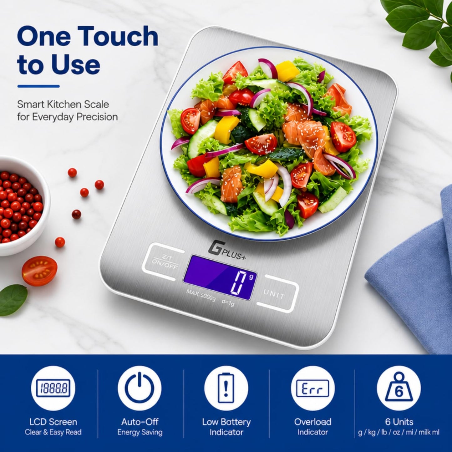 Food Scale, GPlus+ Digital Kitchen Scale, Highly Accurate 5000g/11lb x 0.1oz, Food Scale for Cooking, Baking and Weight Loss, Kitchen Scale with Backlit - Batteries Included - Available at All In One Marketplace Canada