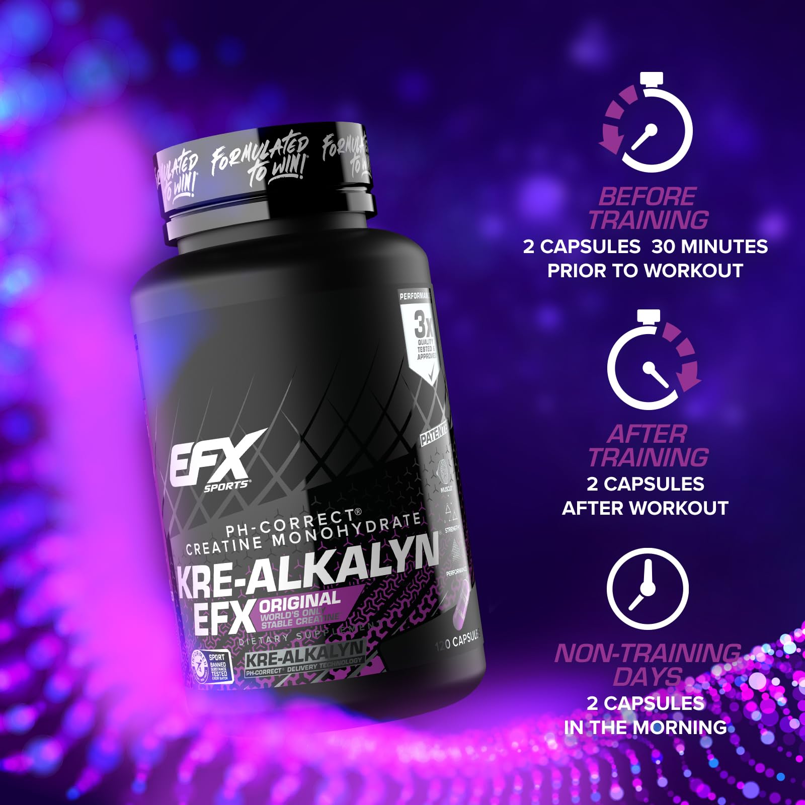 EFX Sports Kre-Alkalyn | PH-Correct Creatine Monohydrate | Informed-Choice, Gain Strength, Build Muscle & Enhance Performance I No Bloating, No Water Retention - 120 Capsules / 60 Servings EFX Sports