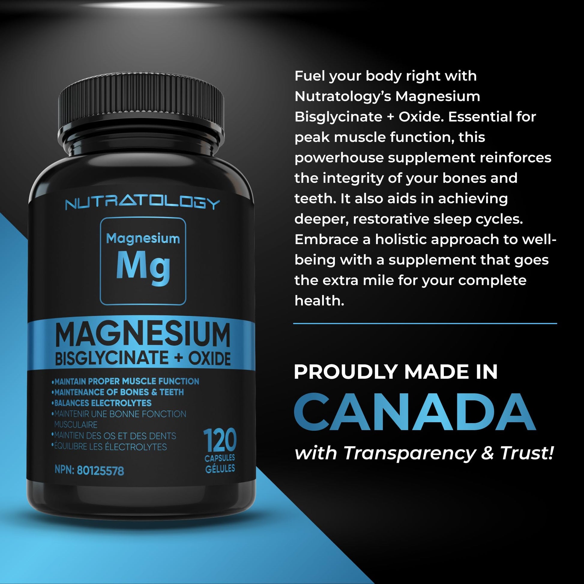 Nutratology® Magnesium Bisglycinate + Oxide | Canadian-Made | Relaxes Muscles, Improves Sleep Quality, Maintains Proper Muscle Functions & Enhances Bone Density | 250MG Per Capsule | 120 Capsules