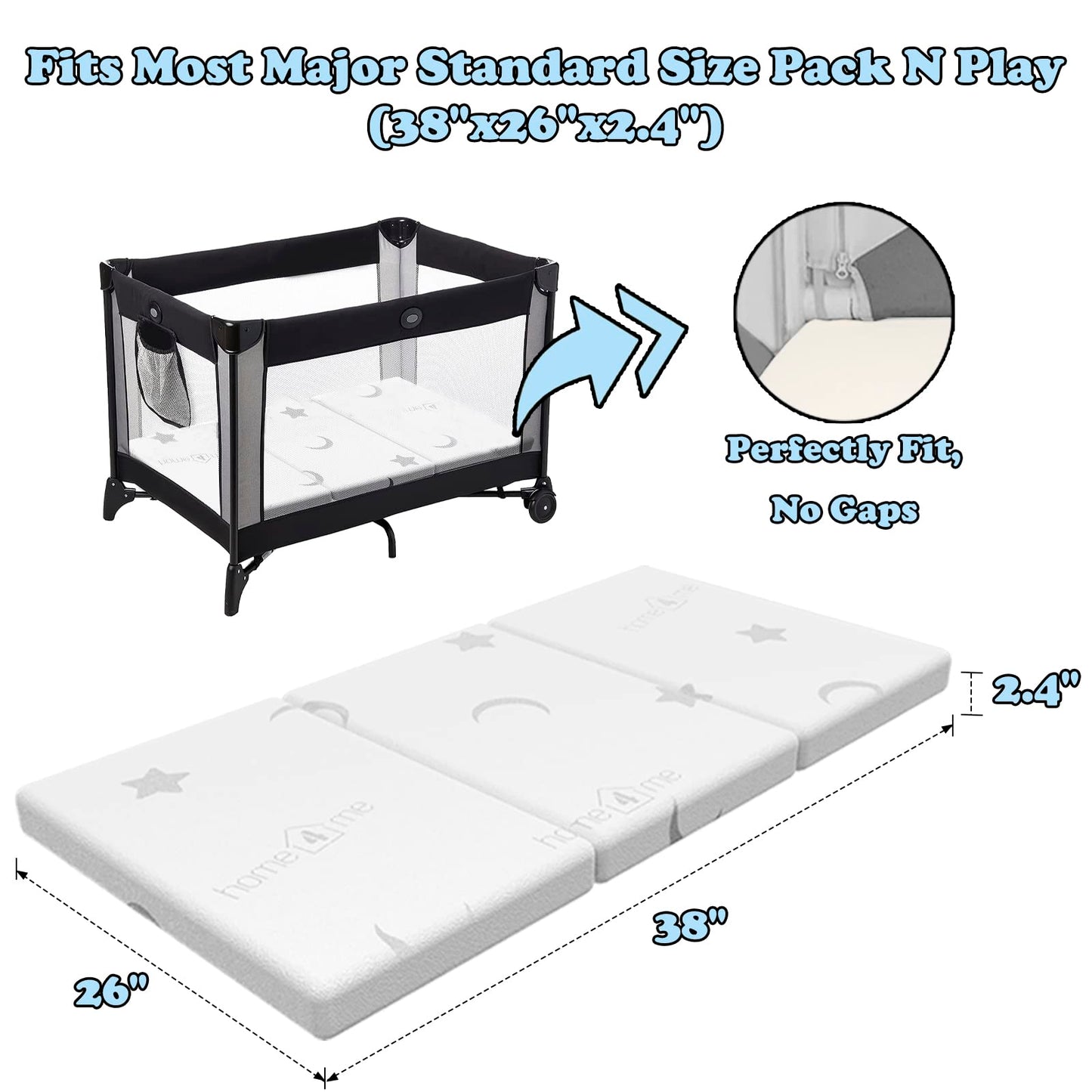 Home4me Pack and Play Mattress, 38" x 26" x 2.4", Portable, Trifold, Waterproof, Dual Sided (Firm & Soft) Mini Crib Mattress, Baby Toddler Memory Foam Mattress Pad for Play Pen