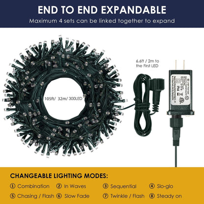 Mresove Upgraded 105FT 300LEDs Christmas Lights Connectable Outdoor Indoor String Lights Timer with Remote 8 Modes Memory Function for Christmas Tree Party Decoration Warm White 🍁 All In One Marketplace Canada