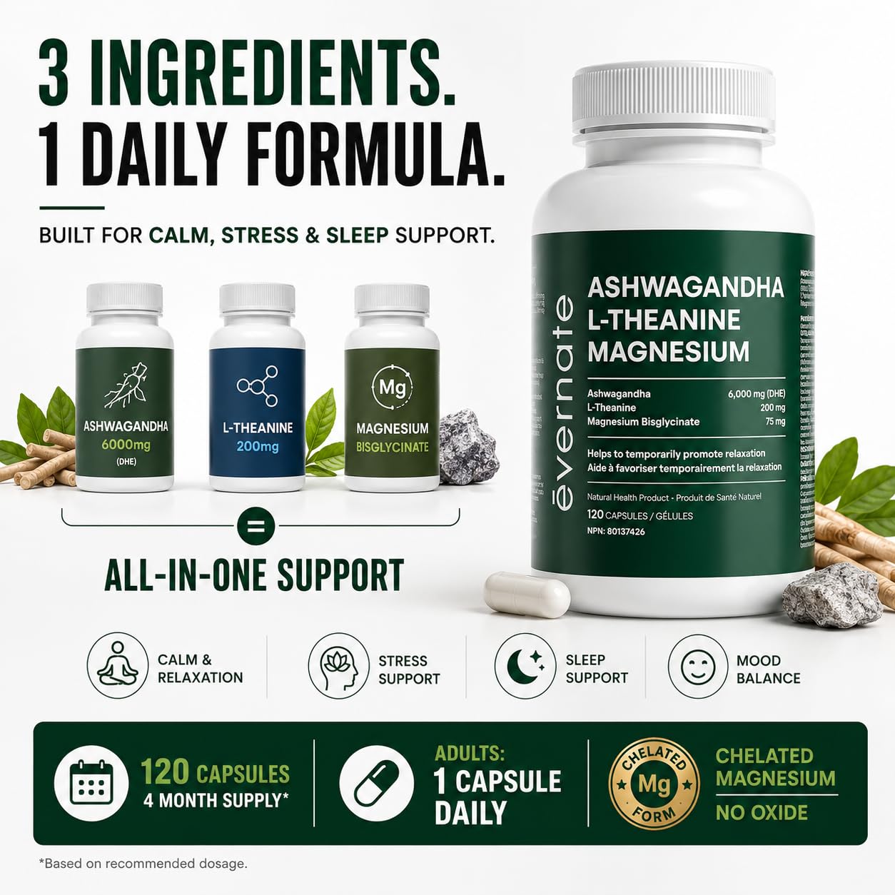 ALL-IN-ONE Ashwagandha 6000mg with L-Theanine 200mg & Magnesium Bisglycinate Chelated – Stress, Sleep, Mood, Calm & Relaxation Support – Non-GMO Vegan – 120 Capsules, 4 Month Supply – 1 Capsule Daily – Made in Canada - Available at All In One Marketplace Canada