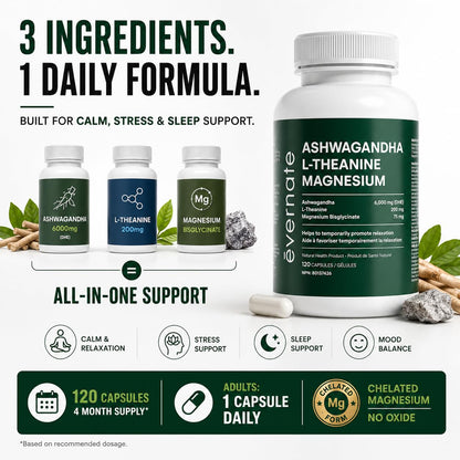 ALL-IN-ONE Ashwagandha 6000mg with L-Theanine 200mg & Magnesium Bisglycinate Chelated – Stress, Sleep, Mood, Calm & Relaxation Support – Non-GMO Vegan – 120 Capsules, 4 Month Supply – 1 Capsule Daily – Made in Canada - Available at All In One Marketplace Canada