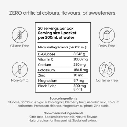 HydraLyte Plus Immunity - Electrolytes + Vitamin C Powder + Elderberry (Sambucus Nigra 35:1 Concentrated Black Elderberry Powder) + Zinc - Daily Hydration Powder With Immune Support for Ages 19+
