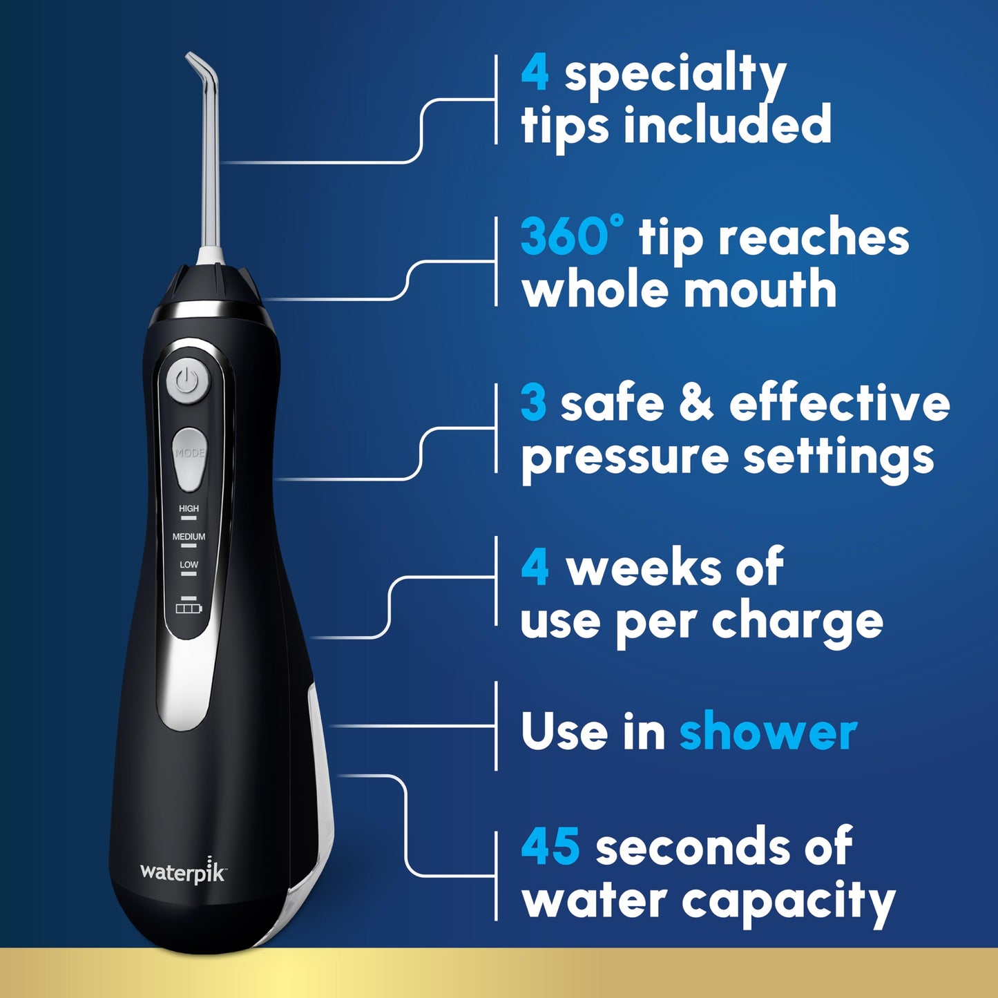 Waterpik Cordless Advanced 2.0 Water Flosser for Teeth, Gums, Braces, Dental Care with Travel Bag & 4 Tips, CDA Validated, Waterproof Rechargeable Handheld, Black (1 Count) Packaging May Vary - Available at All In One Marketplace Canada