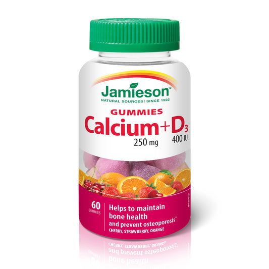 Jamieson Calcium 250 mg with Vitamin D3 400 IU Gummies, Cherry, Strawberry, and Orange Flavours, Helps Prevent Osteoporosis, Supports Strong Bones and Teeth. Non-GMO, Gluten-Free, No Artificial Colours, Flavours, or Preservatives, 60 Count, Proudly Canadi - Available at All In One Marketplace Canada
