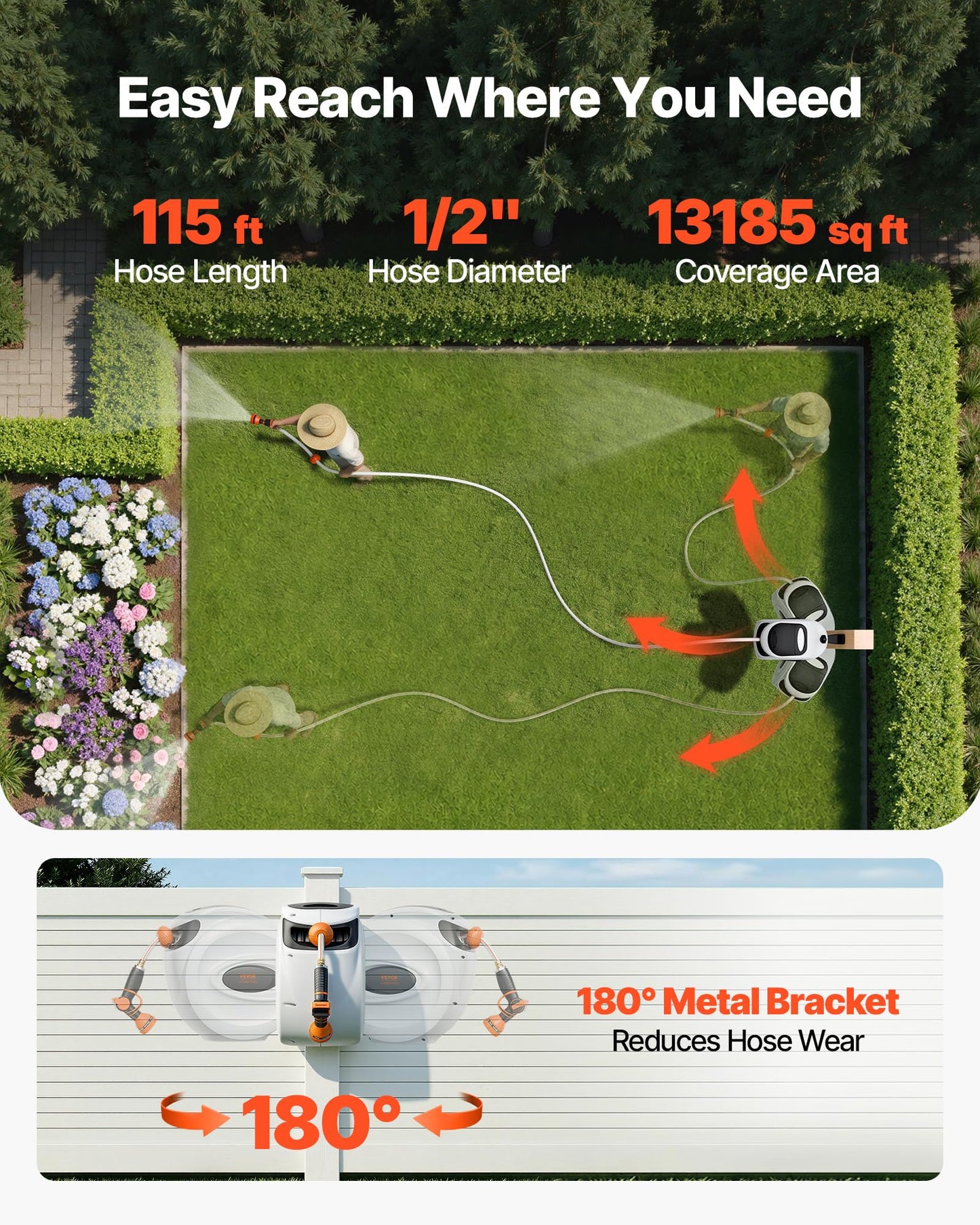 VEVOR Retractable Hose Reel, 115 ft x 1/2 inch, 180° Swivel Bracket Wall-Mounted, Garden Water Hose Reel with 9-Pattern Nozzle, Automatic Rewind, Lock at Any Length, and Slow Return System VEVOR