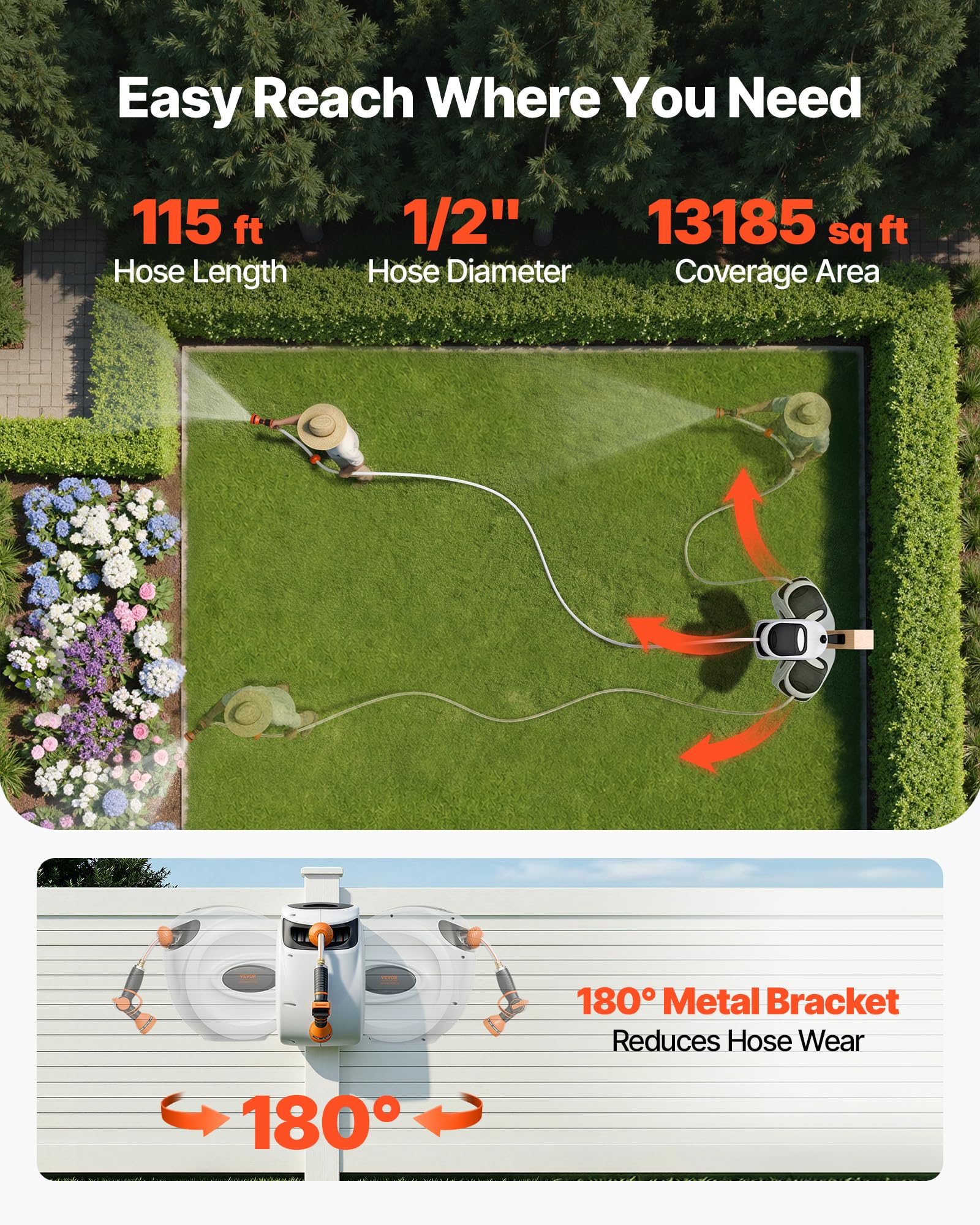VEVOR Retractable Hose Reel, 115 ft x 1/2 inch, 180° Swivel Bracket Wall-Mounted, Garden Water Hose Reel with 9-Pattern Nozzle, Automatic Rewind, Lock at Any Length, and Slow Return System VEVOR