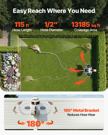 VEVOR Retractable Hose Reel, 115 ft x 1/2 inch, 180° Swivel Bracket Wall-Mounted, Garden Water Hose Reel with 9-Pattern Nozzle, Automatic Rewind, Lock at Any Length, and Slow Return System VEVOR