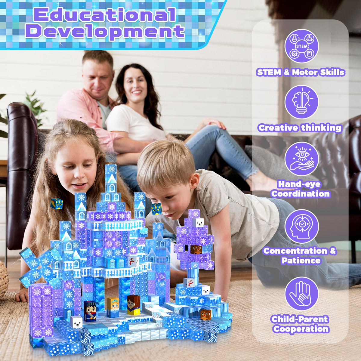 Magneverse Transparent Magnetic Blocks - 100 PCS Blue Castle Magnetic Building Cubes Toys for Toddler Christmas Birthday Gifts - Montessori Sensory Learning Toys for 3 4 9 10 Year Old Boys & Girls 🍁 All In One Marketplace Canada