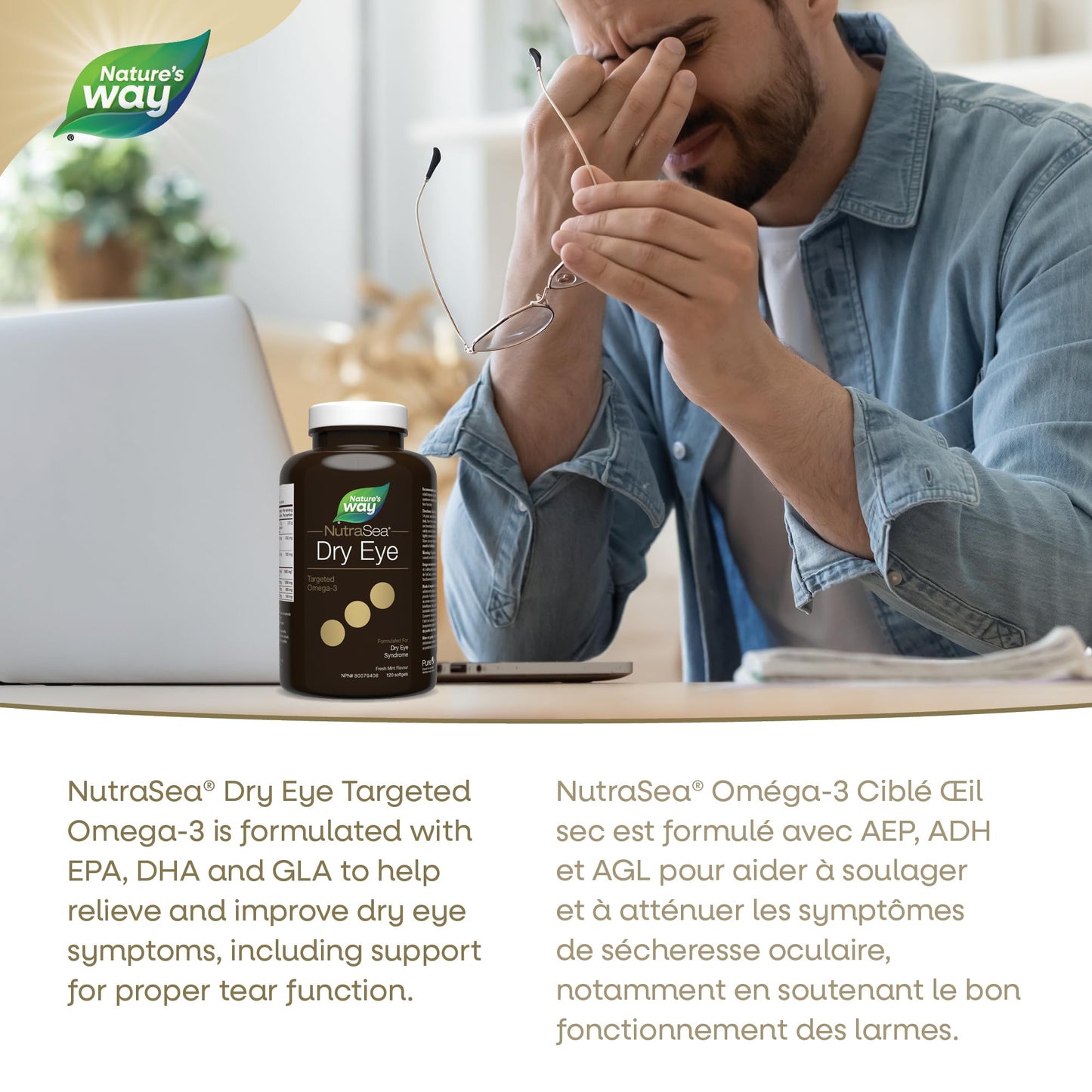Nature’s Way NutraSea Dry Eye Omega‑3 Supplement – Targeted Eye Health & Tear Support – 1500 mg EPA + DHA with 150 mg GLA – Citrus Flavour Fish Oil – 120 Softgels - Available at All In One Marketplace Canada