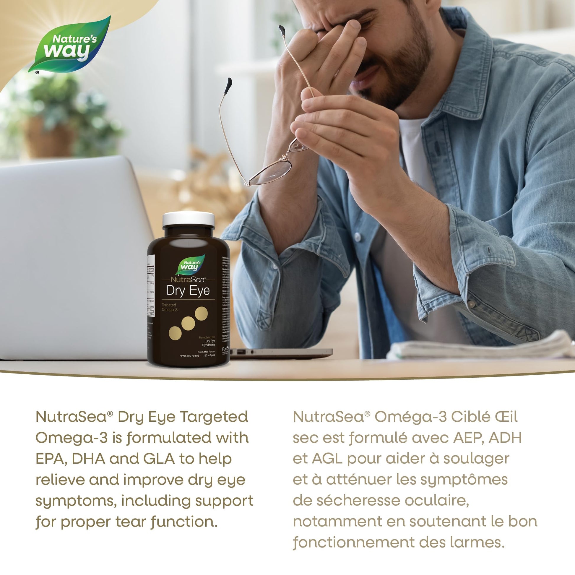 Nature’s Way NutraSea Dry Eye Omega‑3 Supplement – Targeted Eye Health & Tear Support – 1500 mg EPA + DHA with 150 mg GLA – Citrus Flavour Fish Oil – 120 Softgels - Available at All In One Marketplace Canada