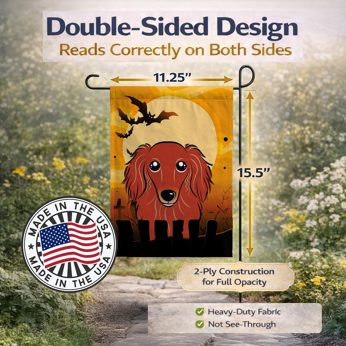 Caroline's Treasures BB1772GF Halloween Longhair Red Dachshund Garden Size Flag, Small, Multicolor