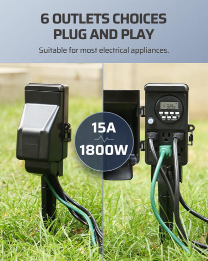 DEWENWILS Outdoor Digital Power Strip Timer, Outdoor Multi Socket Timer, Waterproof 6 Outlet Garden Power Stake, 6ft Cord, for Halloween/Christmas Lights, Yard, Garden, 15A Heavy Duty 🍁 All In One Marketplace Canada