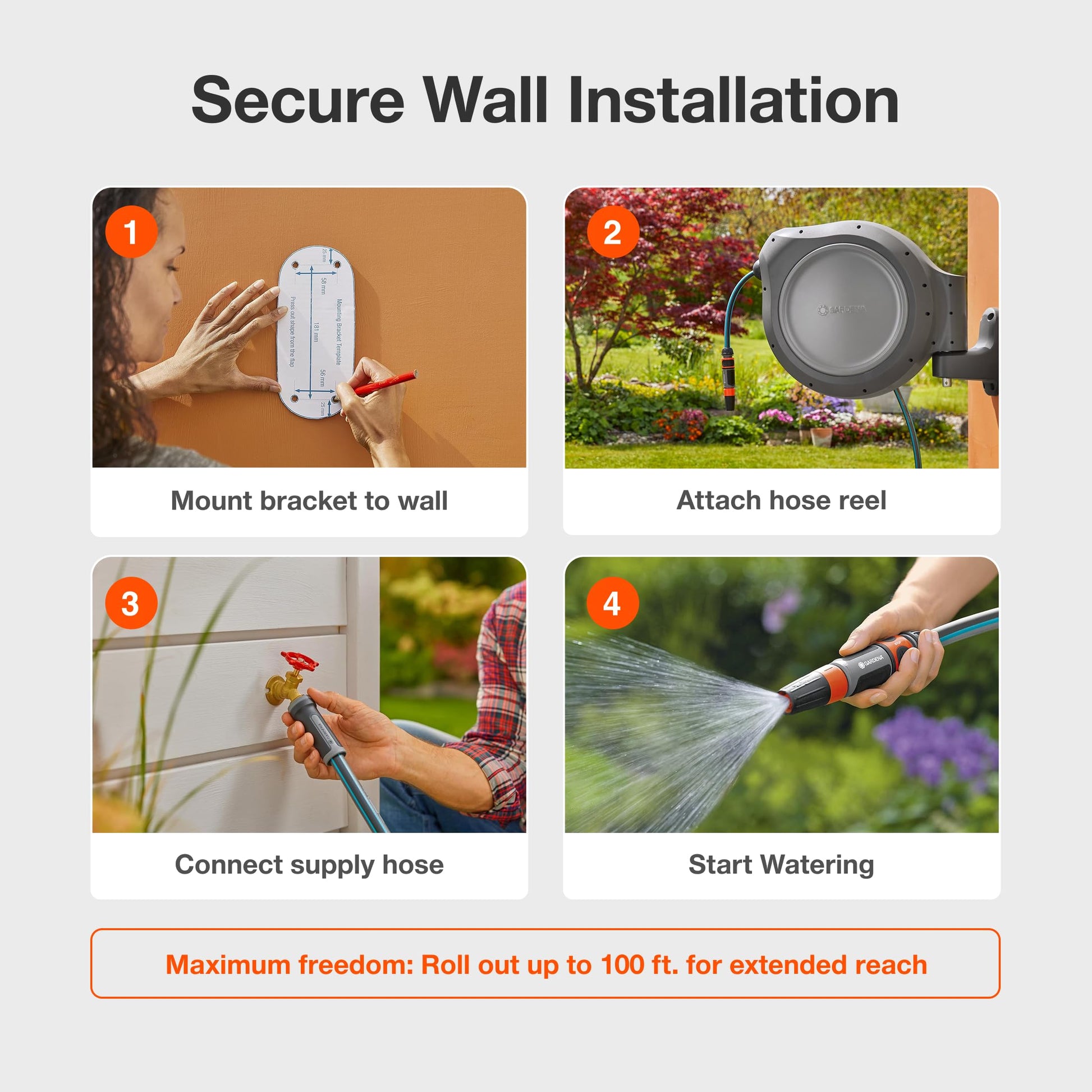 GARDENA 20505-80, 100 Foot Wall Mounted Retractable Reel with Hose Guide, Automatic retraction for Easy Watering,1/2" Hose.