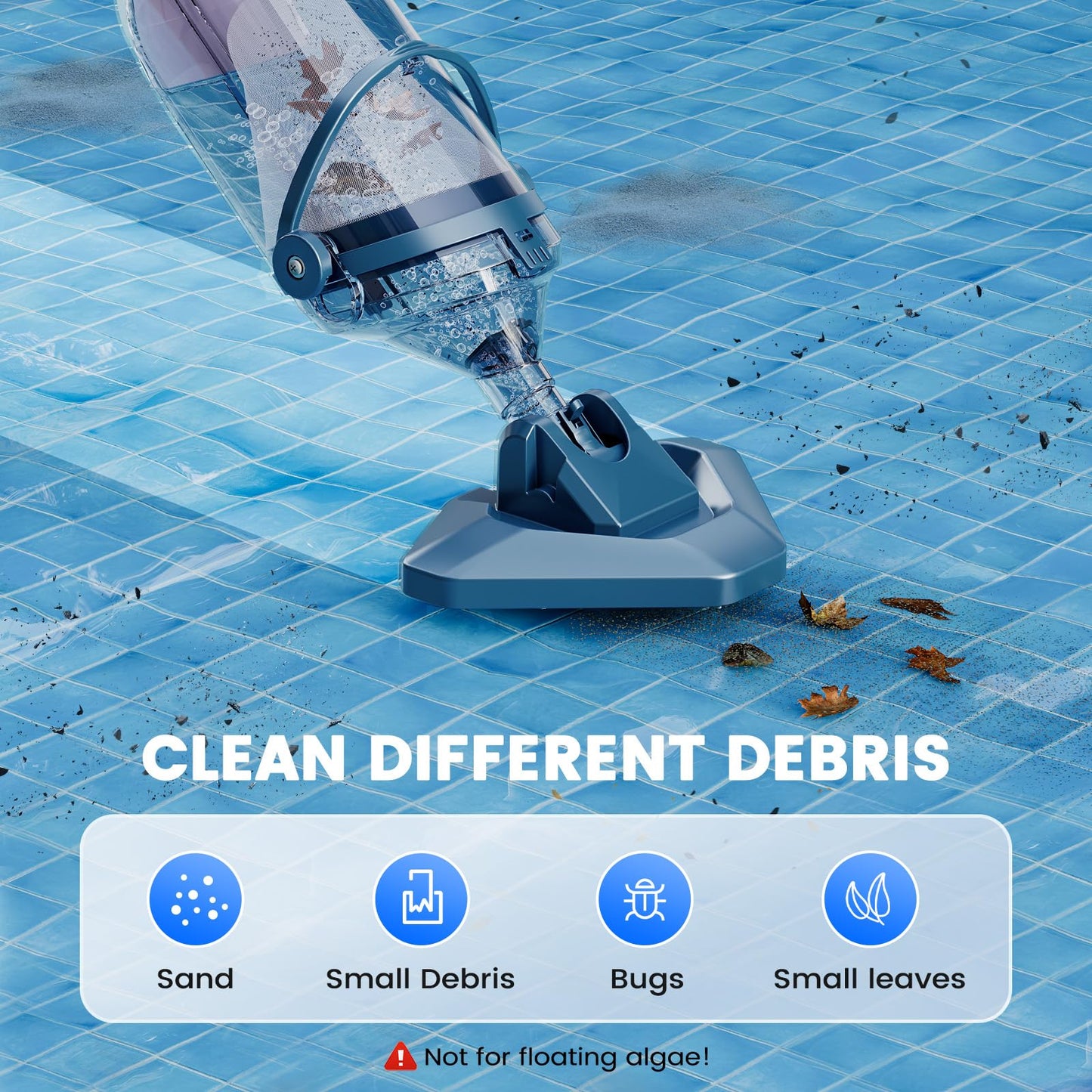 Enhulk Pool Vacuum for Above Ground Pool with Powerful Suction up to 18.5 gallons/min, Running time up to 1H, Handheld Rechargeable Pool Cleaner with a Telescopic Pole, PC10