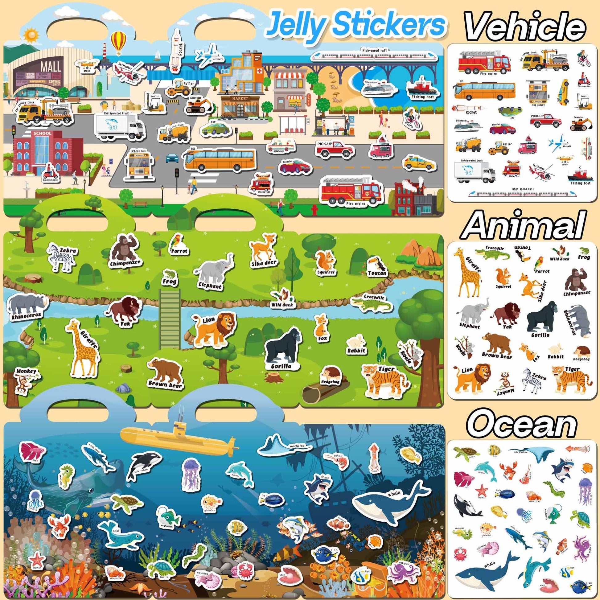 iGetooy Reusable Sticker Book, 6 Sets Sticker Book for Kids, Jelly Stickers for Kids, Vehicles, Animals, Ocean, Dinosaurs, Supermarket, Human Body - Available at All In One Marketplace Canada