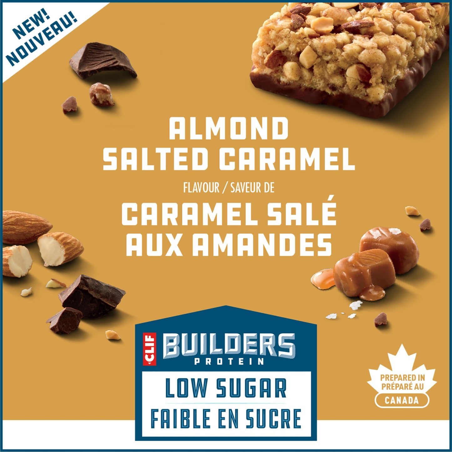 CLIF BUILDERS Low Sugar Protein Bars – Almond Salted Caramel, 12-Pack (56g each)