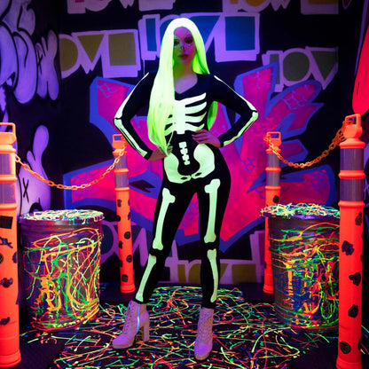 Leg Avenue Women's Glow in The Dark Skeleton Bodysuit Halloween Costume, Black/White, X-Large