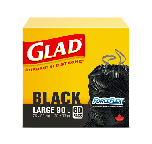 Glad Black Garbage Bags - Large 90 Litres - ForceFlex Drawstring, 60 Trash Bags, Made in Canada of Global Components