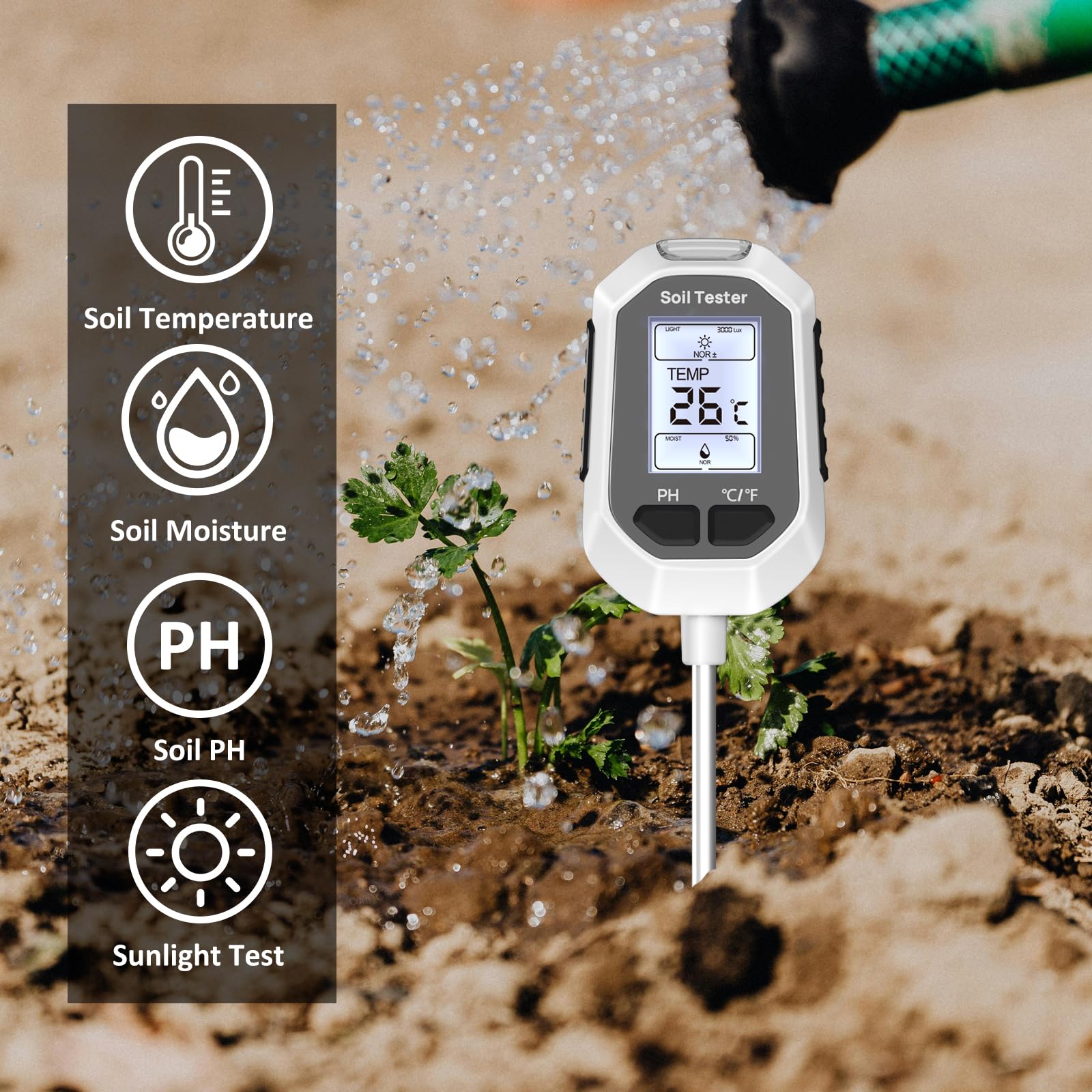 4-in-1 Soil Moisture Meter Digital Plant Temperature/Soil Moisture/PH Meter/Sunlight Intensity Backlight LCD Display Soil Test Meter for Gardening, Farming and Outdoor Plants - Available at All In One Marketplace Canada