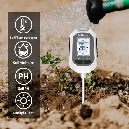 4-in-1 Soil Moisture Meter Digital Plant Temperature/Soil Moisture/PH Meter/Sunlight Intensity Backlight LCD Display Soil Test Meter for Gardening, Farming and Outdoor Plants - Available at All In One Marketplace Canada