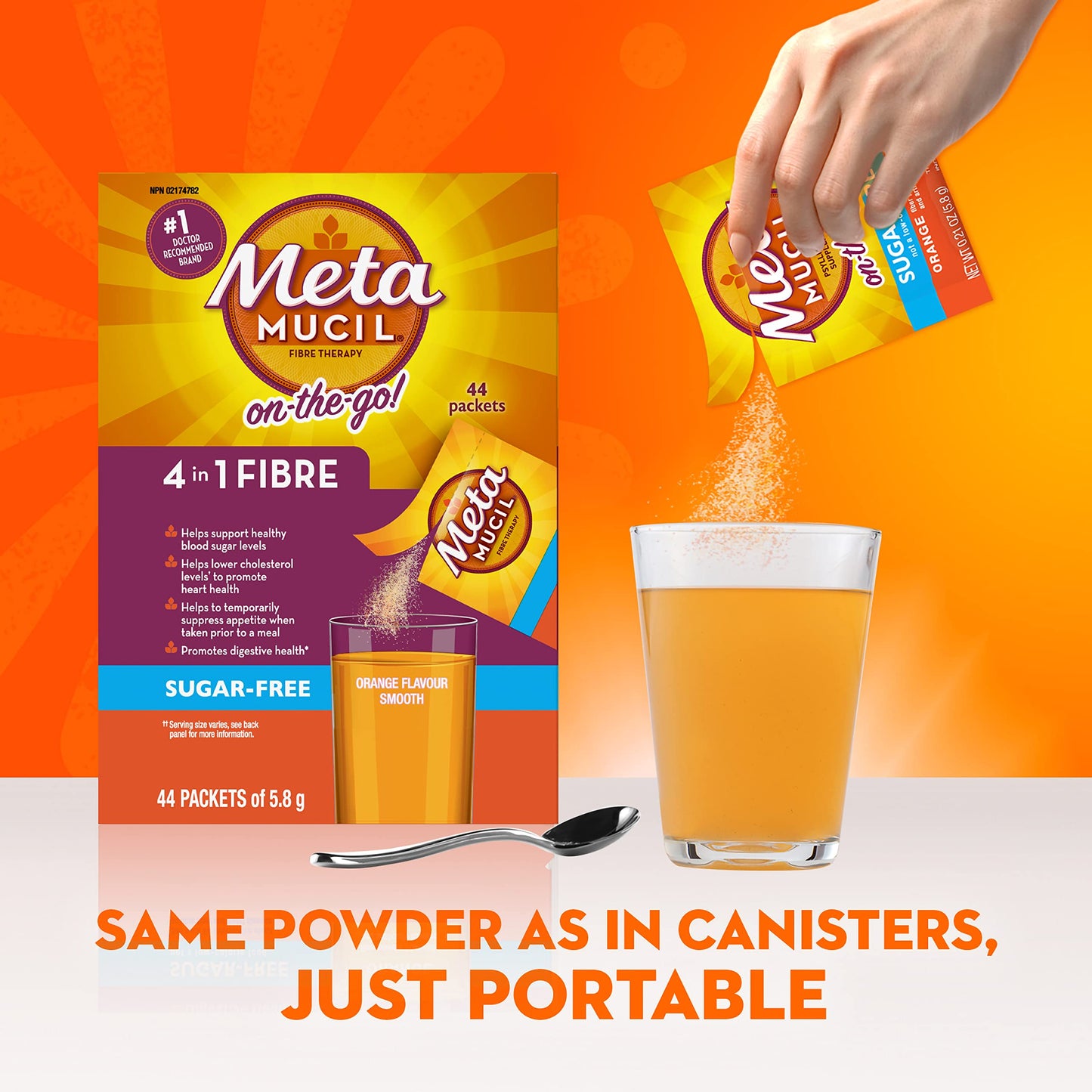 Metamucil, Daily Psyllium Husk Powder Supplement Packets, Sugar-Free, 4-in-1 Fibre for Digestive Health, Orange Smooth Flavored Drink, 44 Servings - Available at All In One Marketplace Canada