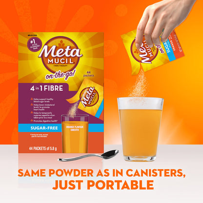Metamucil, Daily Psyllium Husk Powder Supplement Packets, Sugar-Free, 4-in-1 Fibre for Digestive Health, Orange Smooth Flavored Drink, 44 Servings - Available at All In One Marketplace Canada
