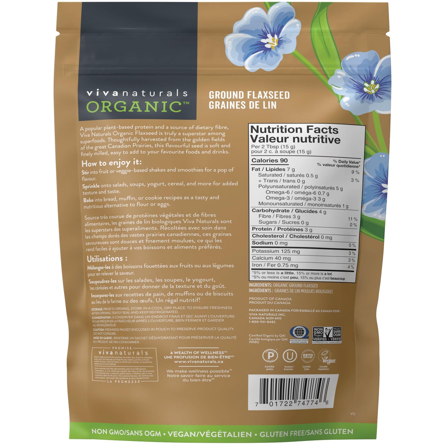 Viva Naturals Canadian-Made Organic Ground Flaxseed - Premium Flax Seeds for Baking, Smoothies - Certified Organic, Non-GMO, Keto & Vegan Friendly Graine De Lin 425 g (15 oz) - Available at All In One Marketplace Canada