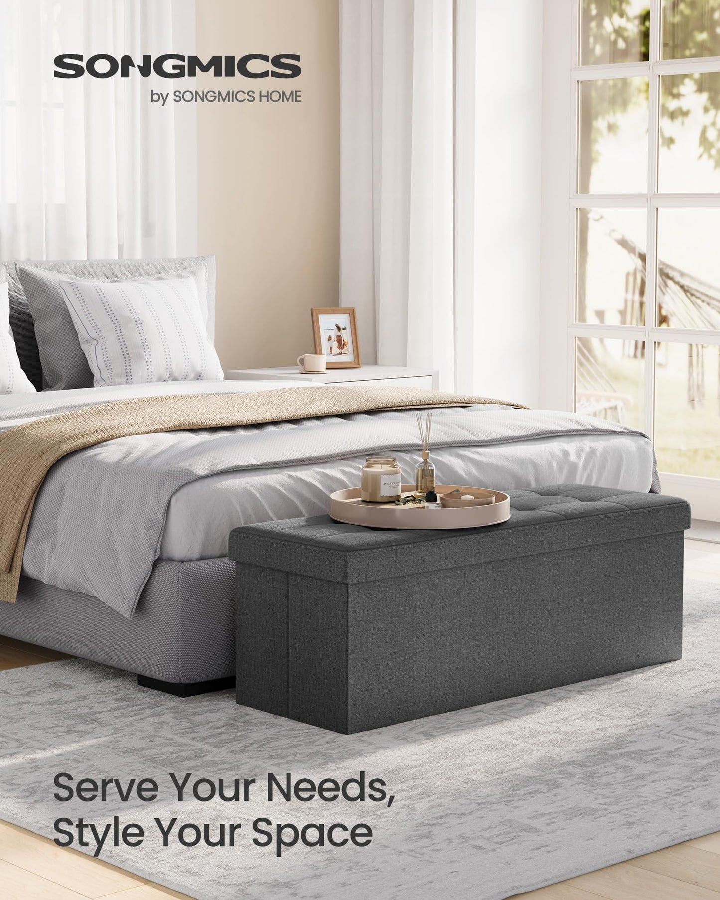 SONGMICS 110 cm Folding Storage Ottoman Bench, Padded Seat SONGMICS