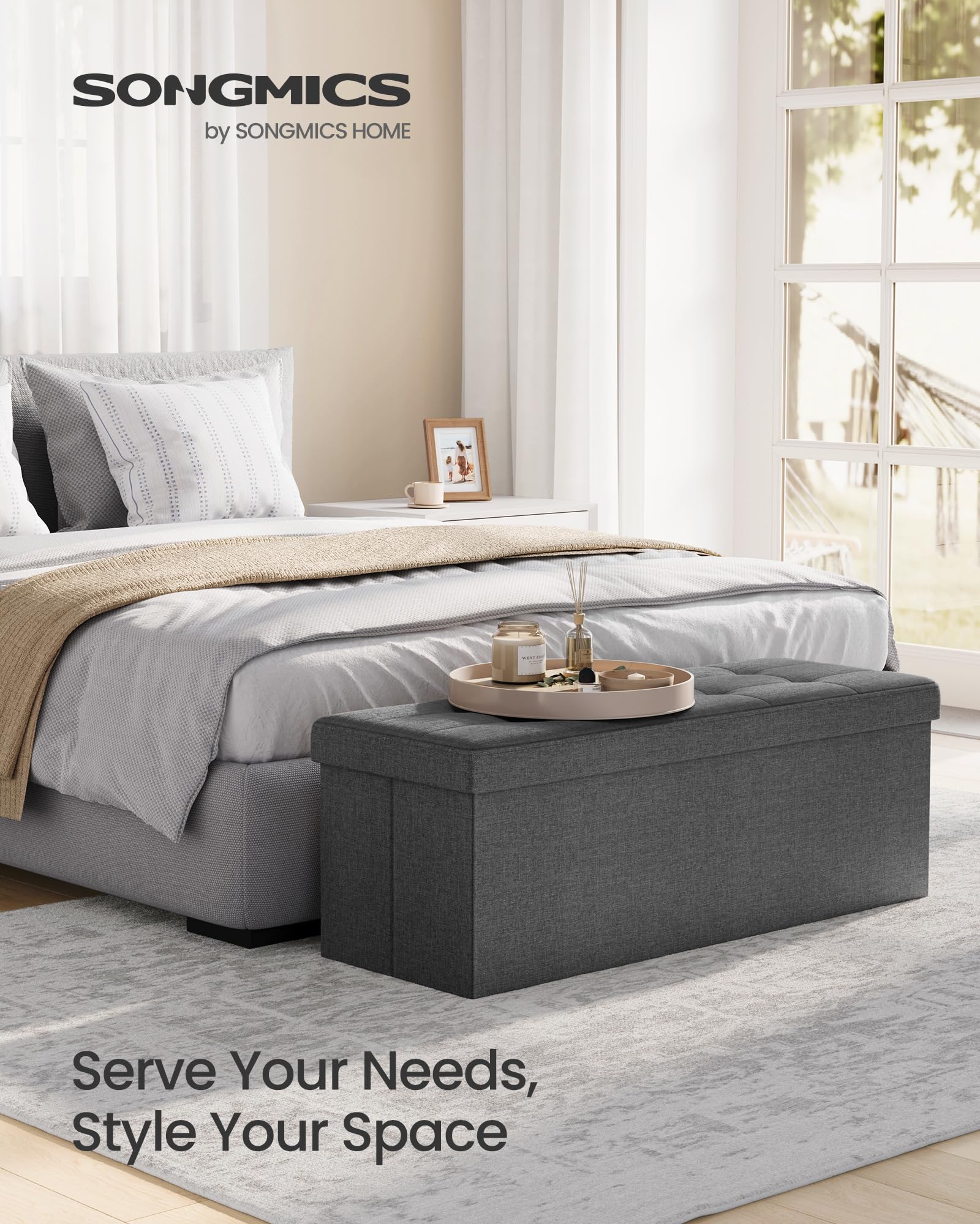 SONGMICS 110 cm Folding Storage Ottoman Bench, Padded Seat SONGMICS