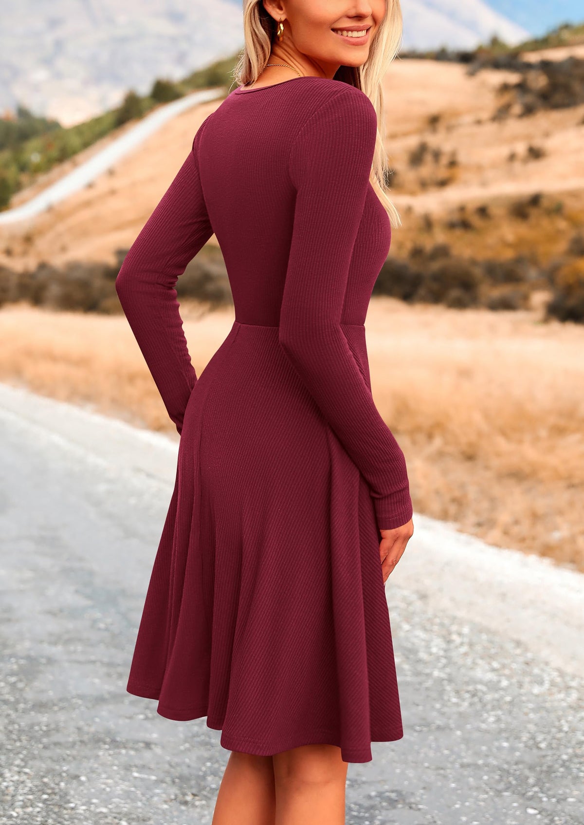 PRETTYGARDEN Women's Fall Casual Long Sleeve Short Dress Wine Red,M 🍁 All In One Marketplace Canada