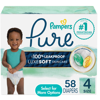 Pampers Pure Baby Diapers, Size 4, Up to 100% Leakproof, Premium Hypoallergenic Soft Diapers, 1 Pack (Count of 58) 🍁 All In One Marketplace Canada