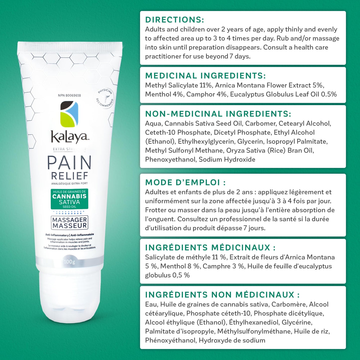 KaLaya Extra Strength Pain Relief Cream With CSSO and Roller Massager Ball for Back, Neck, Muscle, Shoulder, Hand and Knees with Natural Active, Pain Blocking & Anti inflammatory Ingredients (100g) 🍁 All In One Marketplace Canada
