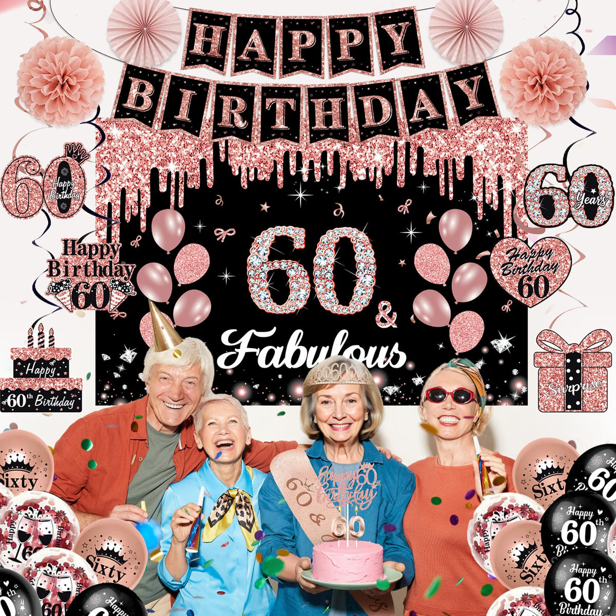 50Pcs 60th Birthday Decorations for Women,Rose Gold Black Pre-Assembled Set 🍁 All In One Marketplace Canada