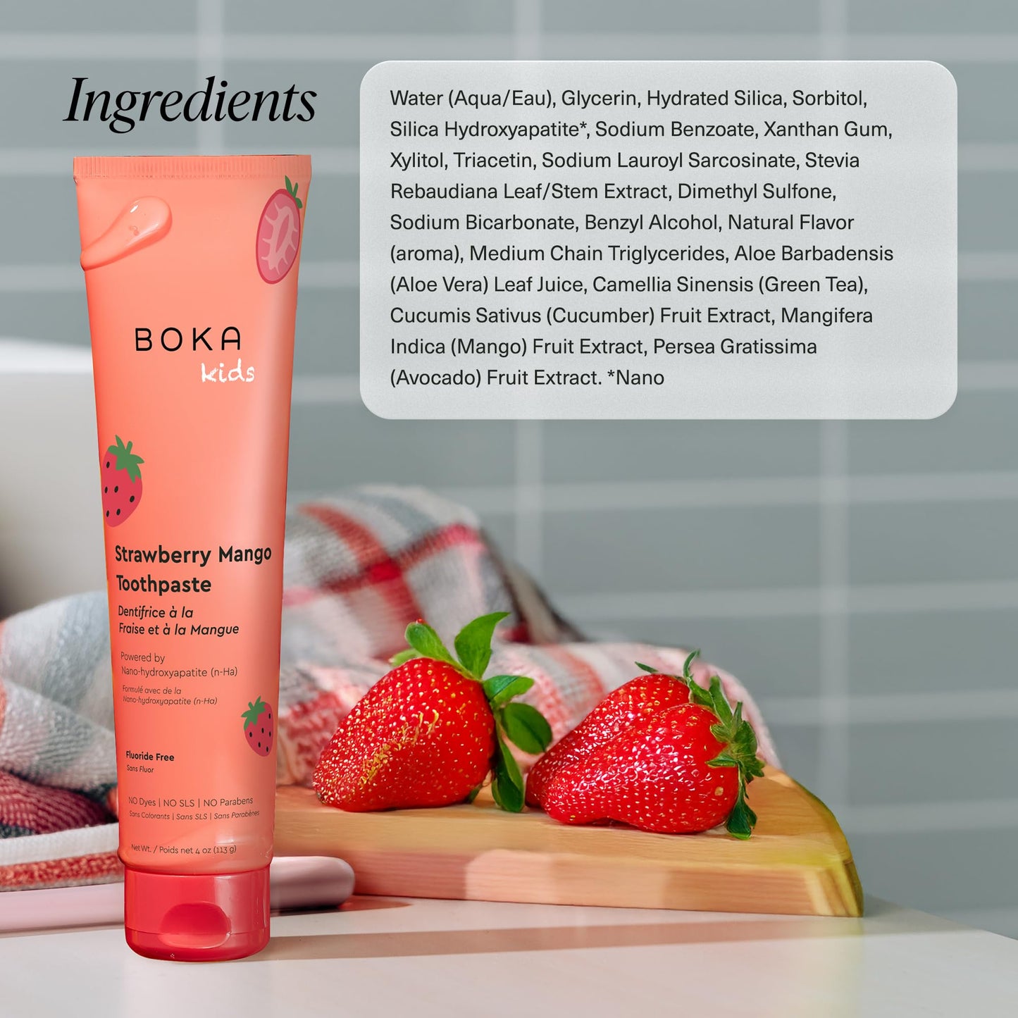 Boka Fluoride Free Toothpaste, Nano Hydroxyapatite, Training Toothpaste - Strawberry Mango Flavor, 4 Fl Oz (113g) 1Pk