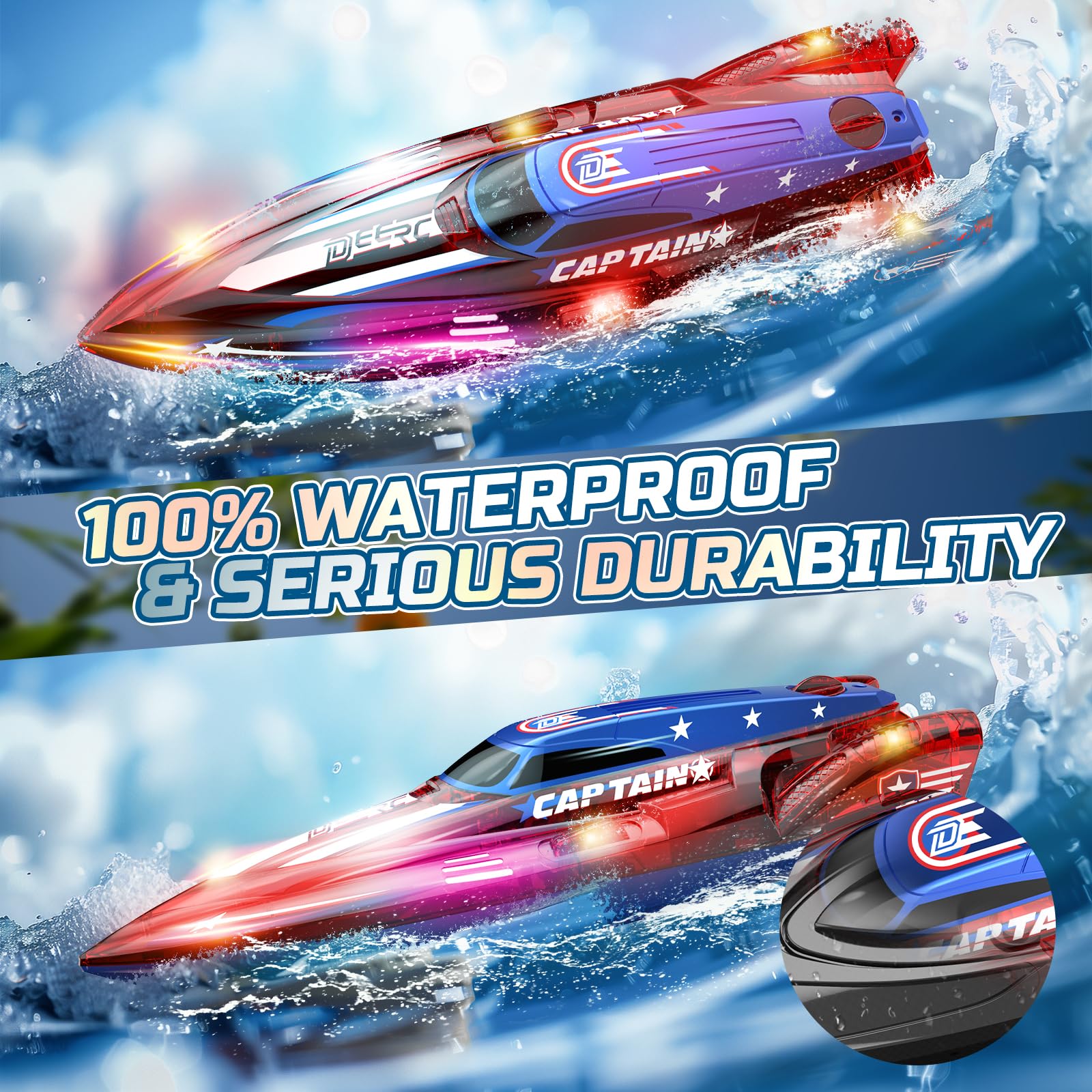 DEERC 2 Pack 13 inch Remote Control Boat for Kids, 4 Batteries, 2.4Ghz RC Racing Boat with LED Lights for Pools and Lakes, Water Summer Toy Gift