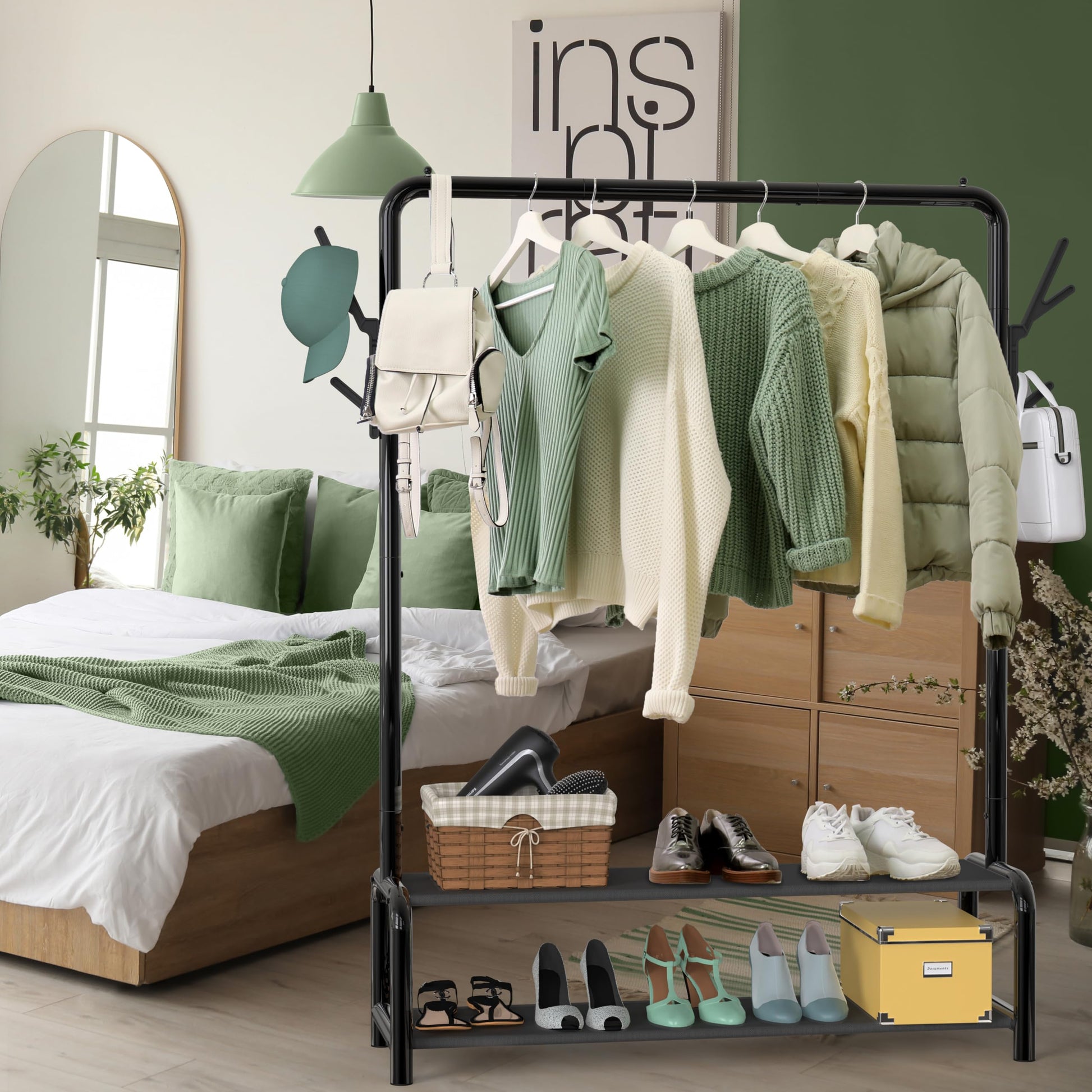 Simple Houseware 52-Inch Garment Rack with Storage Shelves and Coat/Hat Hanging Hooks, Black - Available at All In One Marketplace Canada