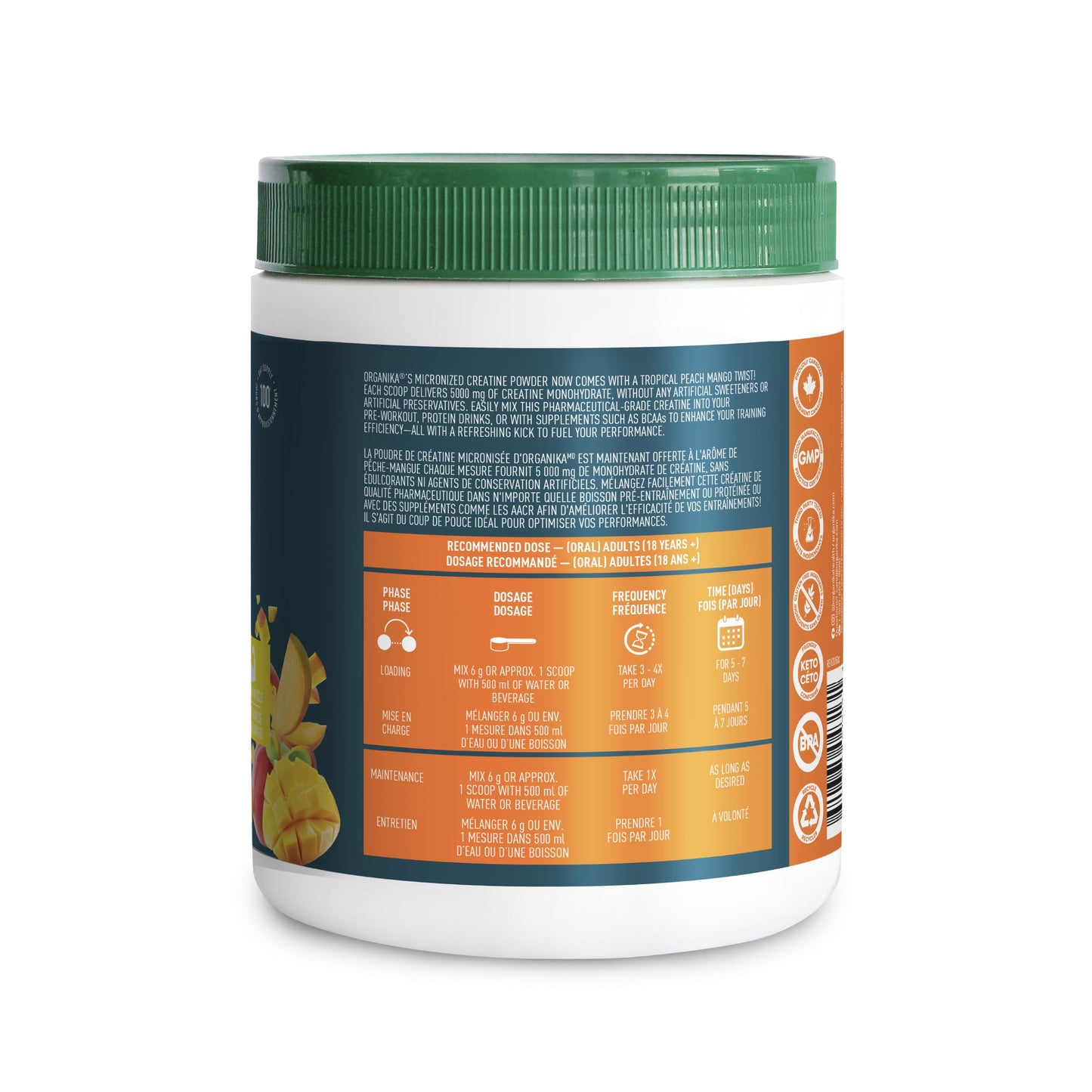 Organika Canadian-Made Creatine Powder- Peach Mango- Pure Micronized Creatine Monohydrate - Helps Build Lean Muscle, Increase Strength, and Improved Recovery and Performance for Men and Women - 600g