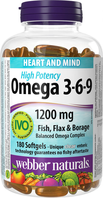 Webber Naturals Omega 3-6-9 1,200 mg Fish Oil, 180 Clear Enteric No Fishy Aftertaste Softgels, Supports Cardiovascular Health and Brain Function - Available at All In One Marketplace Canada